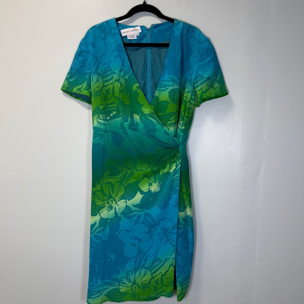Vintage‎ Maggy London 100% Silk Floral Wrap Dress Teal Green Tropical Size 10